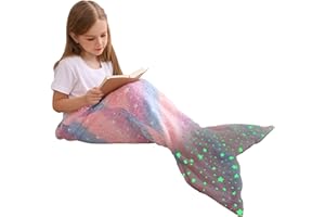 Viviland Kinder Meerjungfrau Schwanz Decke, Meerjungfrau Schwanz Decken leuchten in der Dunkelheit, Flanell Meerjungfrau Decke Geschenke für Mädchen, Mehrfarbiger Stern 43x100cm