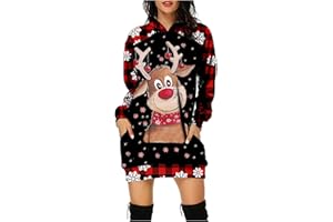 LOMELOMME Damen Weihnachtspullover Lustig Oversize Kapuzenpullover Strickpullover Weihnachten Pullover Kleid Weihnachtsbaum Druck Weihnachtspulli Weihnachtspullover Kurz Mit Led Christmas Hoodie Kleid