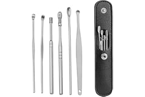 KFRS Ear Wax Removal Kit, 6 Pcs Stainless Steel Ear Spoon Ear Wax Cleaner,Reusable Ear Wax Remover Set With Leather Storage Case for Personal and Home Use Ear Cleaner Tools (black)