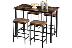 ReseeZac Esstisch Set 5 Stück, Bar Esstisch Set, Esstisch mit 4 gepolsterten Barhockern, Küche und Esszimmer, Esstisch und Stuhl Set für 4, Metallrahmen, Braun