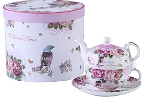 Tea for One, London Boutique Teapot Cup Saucer Set Gifts for Women Tea Set for 1 New Bone China Vintage Flora Gift for Her 350m (Bird Rose Butterfly)