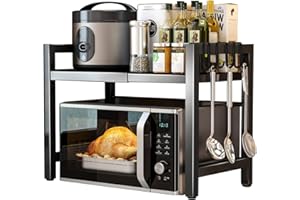 Haipky 2-Tier Adjustable Microwave Oven Rack, Expandable Kitchen Countertop Shelf with 6 Hooks, Metal Baker Rack, Space-Saving Kitchen Organizer, Black