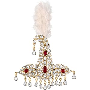Mahi Red and White Crystals Kalangi with Feather Pagri Turban Brooch for Groom/Men (KL1001018GRed)