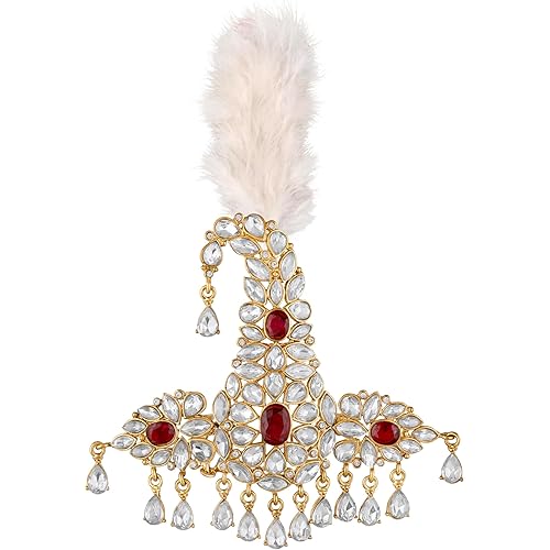 Mahi Red and White Crystals Kalangi with Feather Pagri Turban Brooch for Groom/Men (KL1001018GRed)
