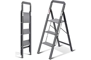 KINGRACK Escalera de Tijera 3 Peldaños, Escalera de Tijera Plegable con Barandilla, Escalera Doméstica Antideslizante con Mecanismo Antiplegado, Taburete de Aluminio, Carga Máxima de 150 kg, Negro.