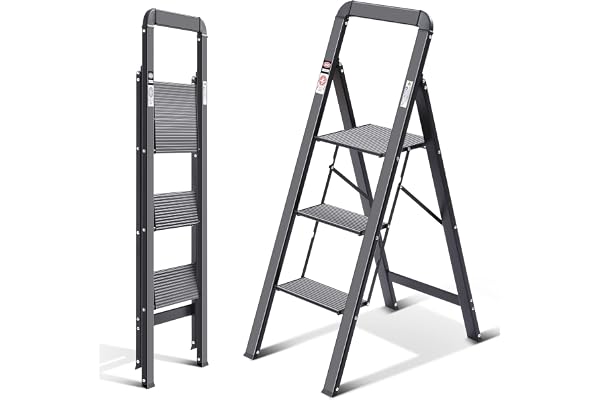 KINGRACK Escabeau, 3 marches, escabeau Pliant avec Main Courante, escabeau de Maison antidérapant avec mécanisme Anti-Pliage, Tabouret de Marche en Aluminium, Charge maximale 150 kg, Noir