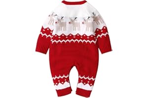 XIXIMAON Bebé Mono de Navidad para Recién Nacido Mameluco Navideño de Punto Pelele de Una Pieza Jersey de Manga Larga Cuello Redondo con Botones y Patrones de Reno para Niño Niña Unisex