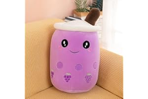 EXQULEG Bubble Tea pluszowe zwierzątko Boba, przytulanka, miękka maskotka do herbaty, miękka lalka, filiżanka do herbaty, poduszka dla dzieci (fioletowe, okrągłe oczy, 35 cm)