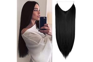 VORCY Halo Hair Extensions Invisible Secret Wire Hair Extensions One Piece Long Straight Synthetic Hairpieces for Women Natural Heat Temperature Fiber (22 Inch, Dark Black)