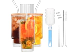 HIGSPE 4pcs Bicchieri con Cannuccia e Coperchio, 310ml Bicchieri Acqua Vetro a Coste, Bicchieri Vetro In Stile Origami Vintage, Bicchieri da Long Drink per Succhi, Birra, Smoothie, Cocktail, Caffe