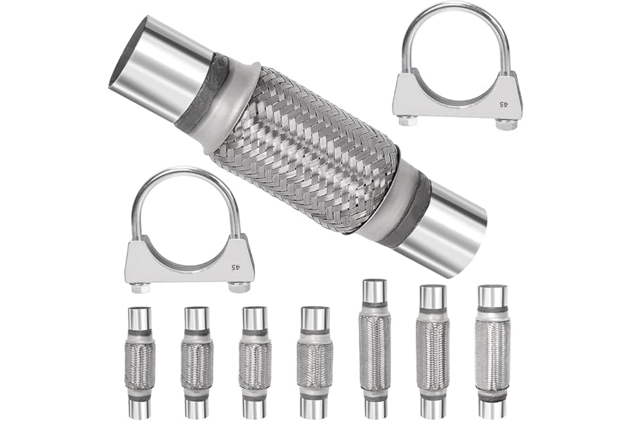Swpeet 3Pcs 1.75"X6"/10" Inches Exhaust Flex Pipe with 1.8 Inches Exhaust U Clamp Kit, Universal Type Stainless Steel Double Braid Zinc Pipes Exhaust Flex Tube Ideal for Heavy Duty and Cars