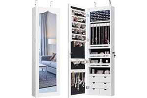 COSTWAY 5 LED Lights Jewellery Cabinet, Door Hanging/Wall Mounted Jewelry Armoire with Full Length Mirror and Large Storage, Bedroom Lockable Cosmetics Jewellery Organiser (White, 6 Wooden Drawers)