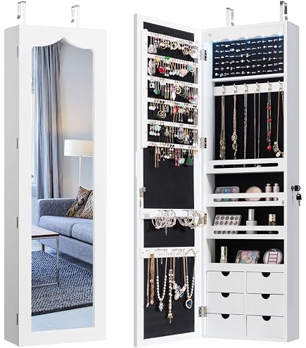 Armadietto Portagioie Per Bambini FANTASK – Con Specchio, LED E Luci Automatiche, Organizzatore Con 64 Scomparti Per Anelli E 27 Per Orecchini