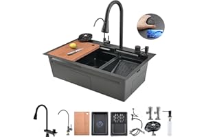 Bokaiya Évier de Cuisine, Cascade Multifonction, Evier de Cuisine à Comptoir Raindance Professionnel Lavabo Acier Inoxydable avec Lave Verre & Robinet Extractiblen Haute Pression Noir 75x45 cm