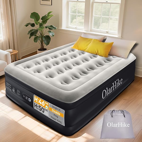 OlarHike Inflatable Mattress, Air Bed, Double Airbed with Built in Pump, 135 x 190 x 46cm, Ideal Alternative to a Bed, Blow Up Mattress, Folding Guest Bed with Flocked Surface for Camping and Home - 1
