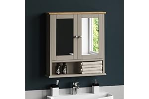 Bath Vida Priano Double Door Bathroom Cabinet, Wood, Grey & Oak, Mirrored Wall Mounted Storage Furniture