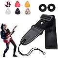 Sariputa Sangle réglable en coton pour guitare basse, électrique, sangle réglable en coton noir, 5 cm de large, avec extrémités en cuir synthétique et accessoires