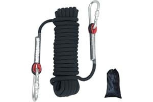 HAIY Climbing Rope Diameter 10mm Outdoor Static Cord, High Strength Safety Rope with 2 Carabiner, for Escape, Fire Rescue, Dock Anchoring, Skateboard fixing etc, Black Length 10m