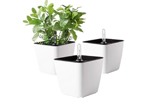 ‎T4U T4U 13cm Blumentopf Plastik Weiß mit bewässerungssyste mit Anzeiger Eckig Pflanztopf 3er-Set, Selbstwässernde wasserspeicher für blumentöpfe，übertöpfe für Zimmerpflanzen