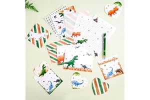 WERNNSAI Dinosaurio Papel Carta de Escribir - 70 Piezas Papel de Papelería Kit por Niños Navidad Regalos de Cumpleanos Papels Carta Sobres Tarjetas de Felicitación Pegatinas Bolígrafo
