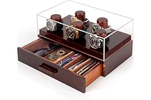 MIXPOET Caja de Relojes con 5 Pilares, Estuche de Almacenamiento para Reloj y Joyería Organizador de Madera Hombre con Cajones, Tapa de Acrílico