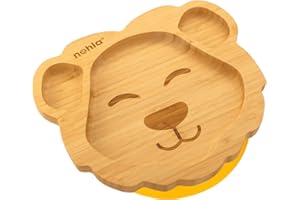 nohla ® - Leo The Lion - Bamboo Baby Weaning Suction Plate - 20.5cm x 23.6cm - Spill-Proof Suction Base - Ideal from 6 Months - 100% Bamboo & FDA Silicone - Organic & BPA-Free - Yellow