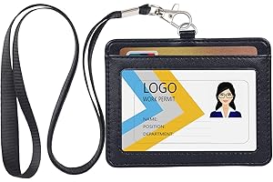 Teskyer Porta badge con cordino, porta identificativo in pelle orizzontale, nero