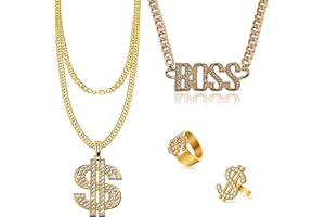 GIGIIS Boss Kette Hip Hop Goldene Dollar Kette Hip Hop Kette Set Gangster Anhänger Rapper Zubehör 80er/90er Jahre Rapper-Outfits für Männer Frauen Kinder Rapper Punk Stil