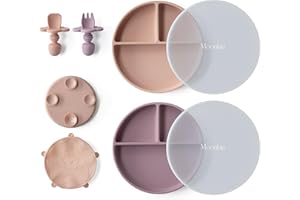 Moonkie Piatto Svezzamento Silicone, 2Psc Piatto con Ventosa per Bambini, con Cucchiaio e Forchetta, Set Pappa Svezzamento Senza BPA, per Lavastoviglie Freezer e Microonde(Blush/Viola pallido)