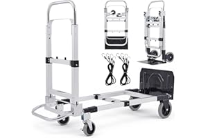 CREWORKS Carretilla Plegable de Aleación de Aluminio 2 en 1, Capacidad Máxima de Carga de 270kg Carro Plegable con Ruedas Bloqueables y 2 Correas para Mudanzas de Casas Estudio y Supermercados