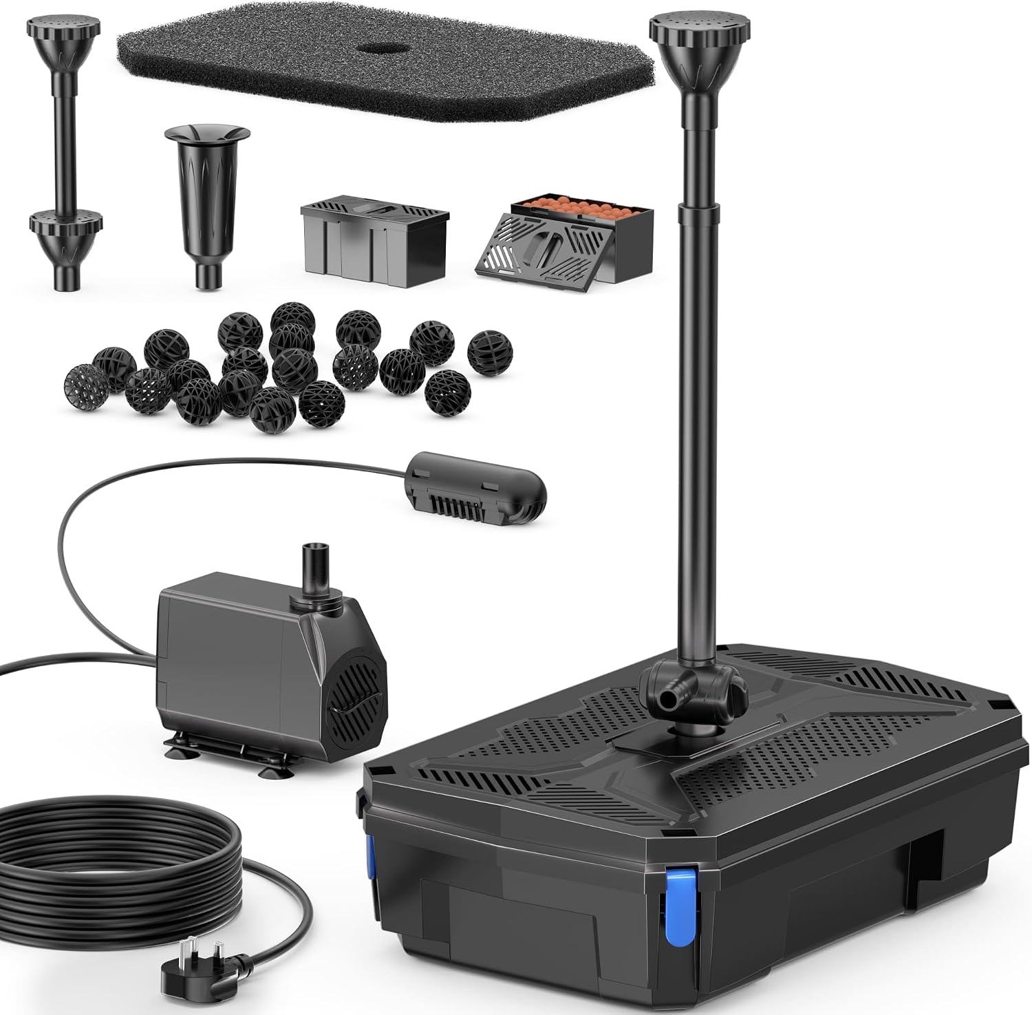 Biling Pond Filter Pump with UV Clarifier Light 2500L/H All-in-One Pond Fountain with 3 Nozzles Water Flow Valve for Garden Ponds Water Feature 600-4000 litres, for Fish Care and Algae Control
