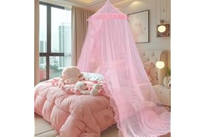 SESAMIS Baldachin Kinderzimmer, Betthimmel Babybett Kinderzimmer 4 Farben, Mit Spitzenbesatz, Hängende Rund Princess Insektennetz Moskitonetz, Für Kinderzimmer und Spielzimmer Dekoration (Rosa)