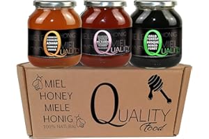 QUALITY ROASTERS COFFEES Miel d'abeille 100% pur. Miel cru sans pasteurisation ni chauffage. Pack cadeau et dégustation 3x500g. Bocal en verre. Origine Espagne.