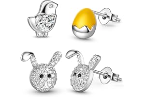 YAOMIAO 2 Paia Orecchini a Bottone d'Argento Orecchini Coniglietto Orecchini a Lobo Pollo Uovo Orecchini Stud Brillantini per Pasqua Donne Ragazze Bambini