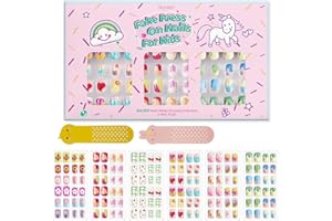 SESEBEE 144 Pcs Postizas Acrílicas Para Niños, Prepegamento, Cobertura Completa, Purpurina,Color Degradado,Flores, Cortas,Uñas Postizas, Juegos De Decoración Del Día De San Valentín,Regalos Para Niños Y Niñas