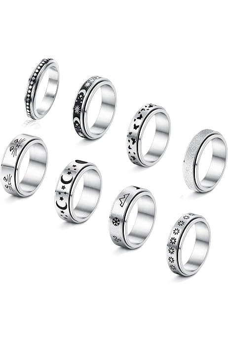 10 Anillos Anti-Estrés Giratorios De Acero Inoxidable - Juego De Anillos Fidget Para Ansiedad (Plata, 6mm)