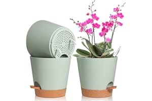 ‎T4U T4U 20 cm Plastic Flower Pot with Watering System, Set of 3 Self-Watering Planters with Saucer, Round Herb Pot for Indoor and Balcony Garden Plants, Flower Pot Green