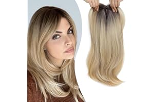 Ms Taj Hair Toppers for Thinning Hair 18inch,Ombre blonde with dark root Long Layered Hair Toppers for Women Synthetic Add Volume, Natural Straight Clip in Hair Pieces for Women