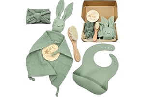 YTACREA Coffret Cadeau Naissance Bébé, Doudou Lapin pour Fille et Garcon, Cadeaux pour Nouveaux avec Bavoir, Bandana, Brosse, Carte Etape, Vert