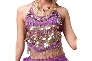 SAMHENG Women's Halter Neck Bra for Belly Dance, Backless Padded Bra Top Camisole Halter Crop, Bandage Tank Top Sequins Belly Dance Crop Top for Festival Party Clubwear
