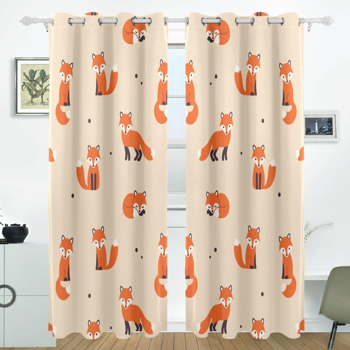 COOSUN Fox Pattern Blackout Curtains Darkening Thermal Insulated Polyester Grommet Top Blind Curtain for Bedroom, Living Room,2 Panel (55W x 84L Inch)