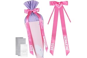 BOFUNX Schultütenschleife Rosa Zuckertütenschleife + Buchstaben Zahlen Schmetterling Aufkleber, Schultüte Zuckertüte Schleife für Schulkind, Schulanfang Einschulung Deko