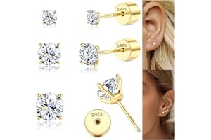 Sllaiss Flat Back Kolczyki 925 Sterling Silver Stud Kolczyki Zestaw 3 Pary 20G Cubic Cyrkonia Studs Kolczyki dla Kobiet 14K Pozłacane CZ Tragus Screw Back Kolczyki