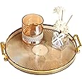 TERRIFI Serving Tray with Golden Handles, Acrylic Decorative Tray, Round Coffee Table Tray, Contemporary Decorative Table Tray, for Home, Restaurant, Table, Bar Drinks, Breakfast, Fruit(Brown)