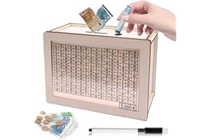 BYTLXM Tirelire en Bois, Tirelire Réutilisable avec Stylo Effaçable, Tirelire avec Objectif D'épargne et Chiffres à Cocher, Boîte Rangement Tirelire Rétro pour Aider Les Enfants à Commencer à Economiser