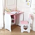 Kids Desk and Chair Set Wooden Study Desk with Storage Shelves for Boys, Girils Writing Reading | Childrens Table and Chair Set for Bedroom Furniture Playroom, Nursery, Gift for Ages 3-8 (White,Pink)