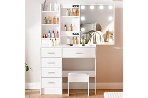 LIANWANG Tocador con Luz LED de 3 Colores con Brillo Regulable, Mesa de Maquillaje con Espejo, 6 Cajones, Mesa de Maquillaje con Taburete, Blanco, 1907D719