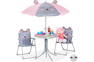 Relaxdays Ensemble Camping, Chaise Enfants avec Abat-Jour, Pliable et Table, Souris Grise, Gris