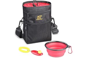 Dog food bag, WoofWoof treat bag with drawstring, adjustable waist belt, travel dog bowl, dog training clicker