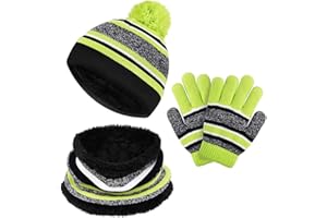 MORIASTER Set di guanti invernali per bambini, cappello invernale per bambini, 3 pezzi, cappellini a righe con pompon per ragazzi e bambini